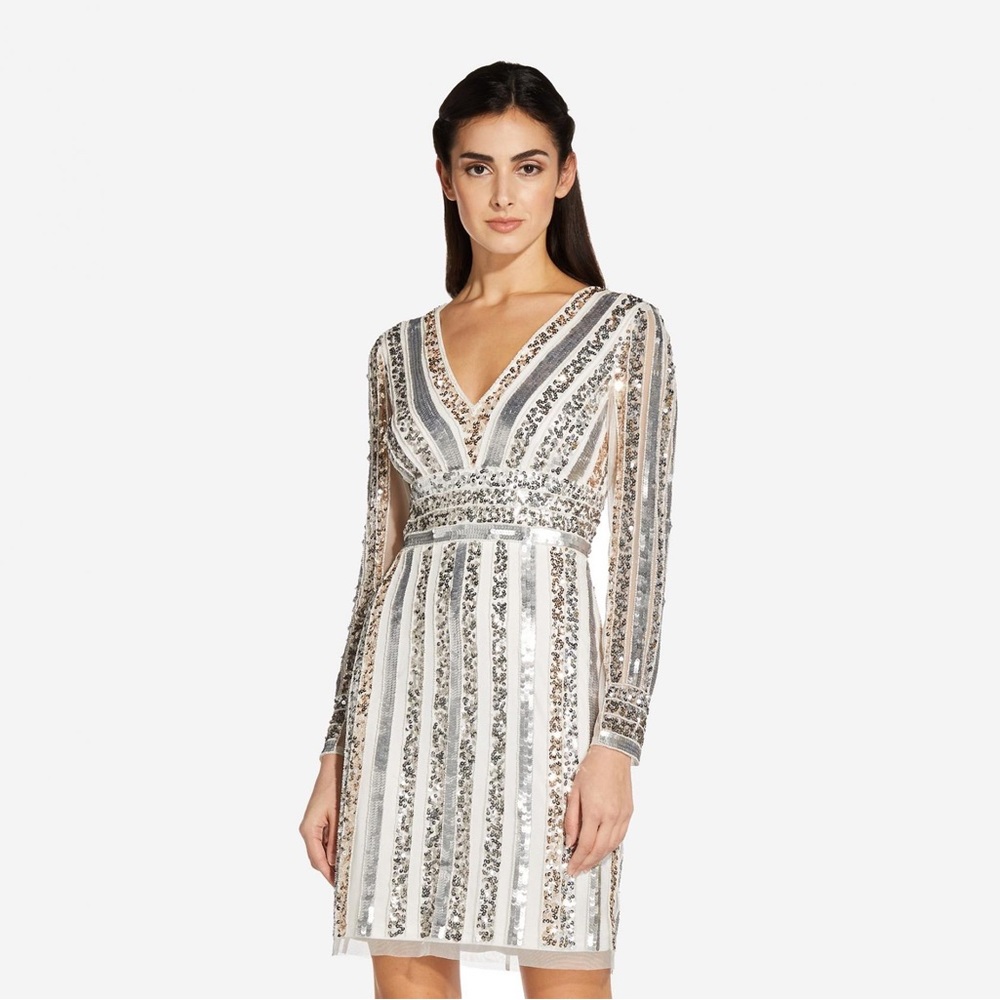 Adrianna Papell Sequin Long Sleeve Cocktail Dress In Ivory Silver - Size 12